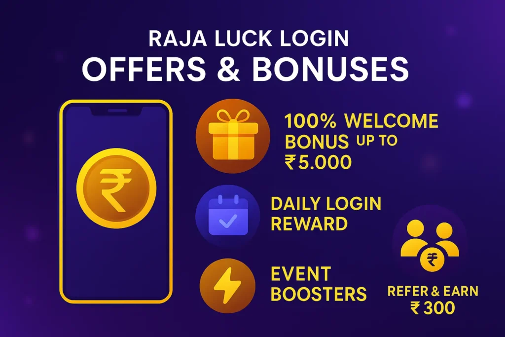 Raja Luck login offer up to 100% bonus on first deposit for new users.